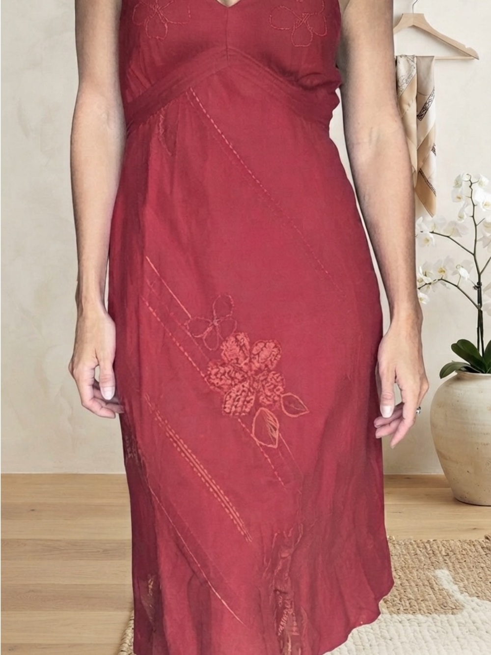 Red Embroidered V-Neck Maxi Dress